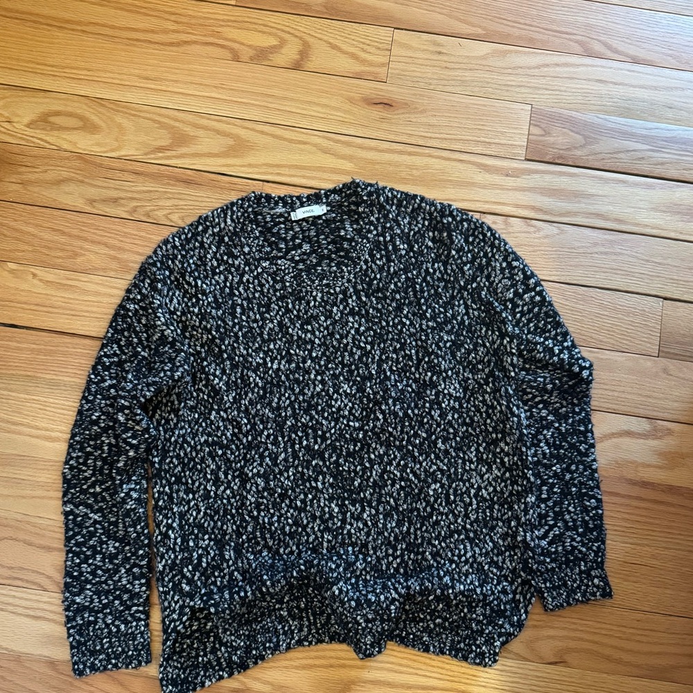 Longer Vince black sweater with white raised stitching and pattern